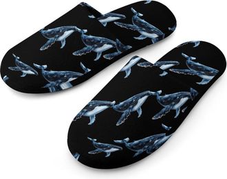 Generic Whale Flannel Mens Slip-on Slippers Winter Warm House Shoes with Rubber Sole for Home Hotel