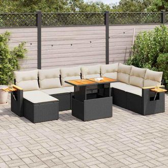 vidaXL Set Sof&aacute;s Jard&iacute;n Y Cojines 9 Pzas Rat&aacute;n Sint&eacute;tico Acacia Negro Vidaxl