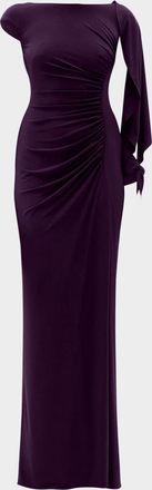 Amsale Asymmetric Cap-Sleeve Ruched Long Gown