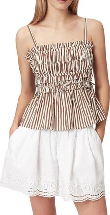 AllSaints Kali Stripe Smocked Cotton Peplum Tank in Penny Brown/white at Nordstrom, Size 10