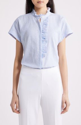 Anne Klein Pinstripe Ruffle Trim Linen Blend Button-Up Top in Lagoon/Crisp White at Nordstrom, Size Xx-Small