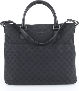 Gucci Black Leather Canvas Shoulder Bag Tote Bag (Pre-Owned)