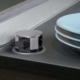 Emuca Multiconector Extra&iacute;ble Vertikal Push Di&aacute;metro 100mm, 3 Enchufes Tipo Schuko, 1 Usb Tipo A, 1 Usb Tipo C, Acero Y Pl&aacute;stico, Pintado Aluminio - Emuca
