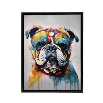 Artery8 English Bulldog Dog With Sunglasses Framed Canvas Wall Art Print | Size: W24 x H32