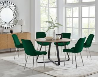 Furniturebox Santorini Brown Round Dining Table & 4/6 Pesaro Silver Leg Chairs in Green