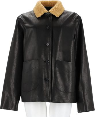 Khaite Boxy Black Shearling Collar Leather Jacket