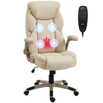 OEM Silla De Oficina Con Masaje Vibratorio De 4 Puntos Calor Lumbar Brazos Abatibles Respaldo Alto Altura Ajustable Crema