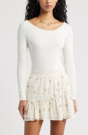 BP. Lace Trim Long Sleeve Top in Ivory at Nordstrom, Size Xx-Small