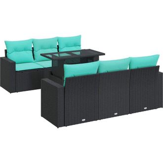 vidaXL 7 Piece Garden Sofa Set with Cushions Black Poly Rattan Acacia vidaXL