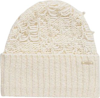 Twinset Gebreide muts met kralen - Dames - Hoeden - Beige - ONE Size - Wol - Accessoires