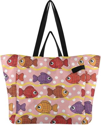Generic Underwater Fish Dots Pink pattern Reusable Canvas Tote Bag, Heavy Duty Grocery Shopping Bag with Hard Bottom Large Capacity Double Handles Work Grocer