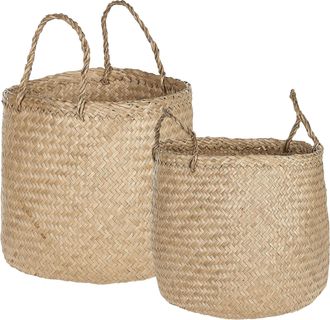 Beliani Conjunto De 2 Cestas De Hierba Marina Tejidas A Mano Con Asas Color Natural Tejido Decoraci&oacute;n Accesorio Halong