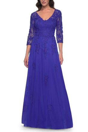 La Femme Tulle and Lace A-Line Dress with V Neckline in Royal Blue at Nordstrom, Size 12