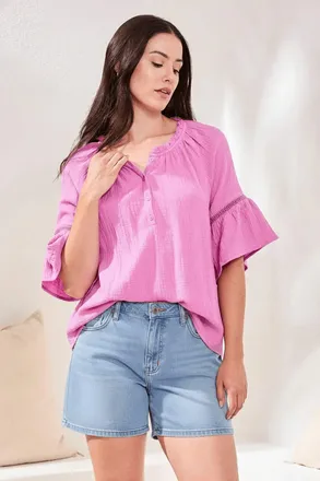 Tribal Crinkle Gauze Bell Sleeve Blouse In Orchid Glow