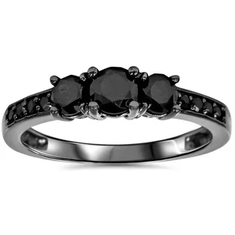 Pompeii3 1 1/5ct Heat Treated Black Diamond 3 Stone Ring 10K Black Gold Size Selectable