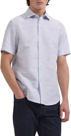 Bugatchi Orson Short Sleeve Cotton & Linen Button-Up Shirt in Air Blue at Nordstrom, Size Xxx-Large
