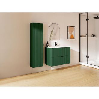 Vente-Unique Mobile bagno sospeso con scanalature con lavabo da incasso e colonna - Verde opaco - 80 cm -ZEVINI