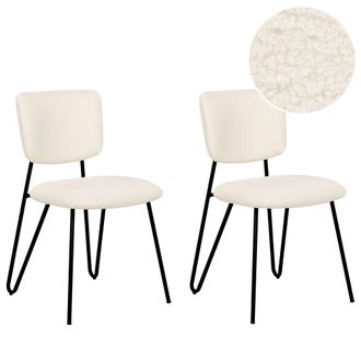 Beliani Conjunto De 2 Sillas Blanco Crema Boucl&eacute; Respaldo Curvo Sin Reposabrazos Nelko