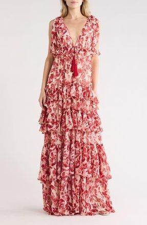 Cinq &agrave; Sept Omelia Floral Flutter Sleeve Tiered Chiffon Gown in Cherry Rose Multi at Nordstrom Rack, Size 0