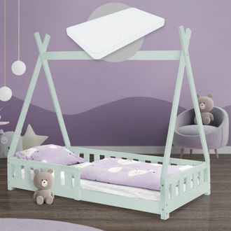 ML Design Ml-design - Cama Infantil Tipi Verde Menta Con Colch&oacute;n De Espuma Fr&iacute;a 80x160 Cm Protecci&oacute;n Antica&iacute;da Somier Estructura Listones De Madera Maciza De Pi