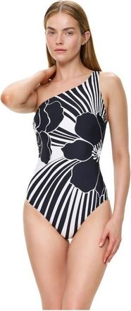 Gottex Midnight Bloom One Shoulder One Piece in Black-Cream at Nordstrom, Size 16