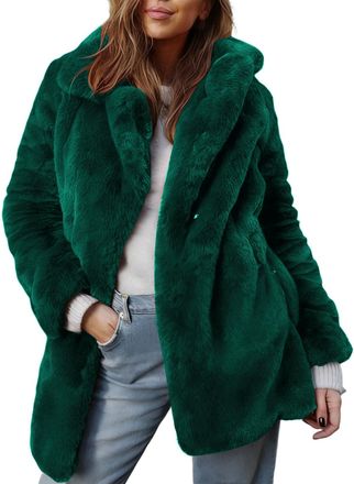 Generic Womens Faux Fur Coat Fuzzy Fleece Jackets Winter Warm Lapel Overcoats Fluffy Open Front Dressy Cardigan Windproof Outerwear Turndown Thick Plush Therm