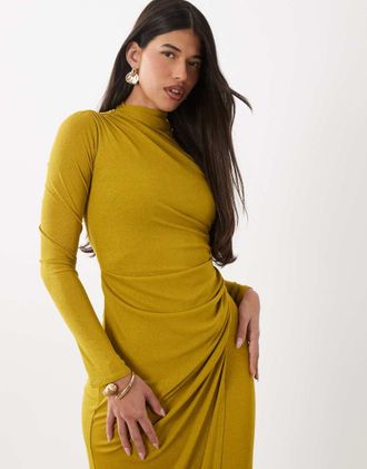 Asos Vestito midi accollato a maniche lunghe in rete arricciato color lime-Verde