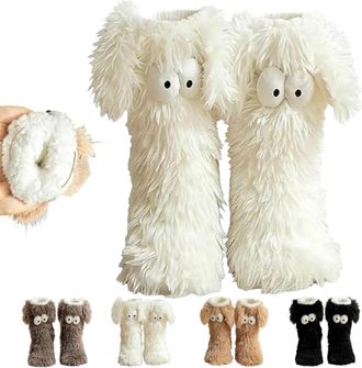 Generic Friends Cozy Socks,Womens Winter Warm Fuzzy Non-Slip Slipper Socks with Cute Big Eyes,Cute Floppy Big Ears Home Socks (White)