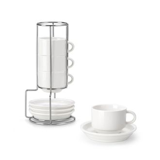 OEM Juego De 4 Tazas De Caf&eacute; Para 4 Personas, 90 Ml, Apilables, Con Platillo Y Soporte Met&aacute;lico, Ideal Para Espresso, Capuchino, Latte, Moca Y T&eacute;, Color B