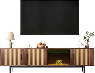 STILVORA Mueble De Tv Con 2 Puertas De Vidrio Templado Y Led Bluetooth, Estilo Moderno, En Mdf, 200&times;35&times;53 Cm, Negro Nogal