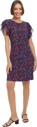 Tommy Hilfiger Womens Chiffon Flutter Sleeve Round Neck Ditsy Floral Jersey Dress, Sky Captain/Guava, 6