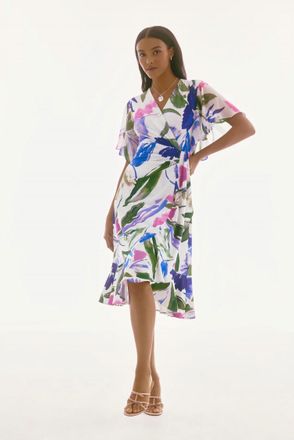 Joseph Ribkoff Floral Print Belted Wrap Dress In Off White/multi