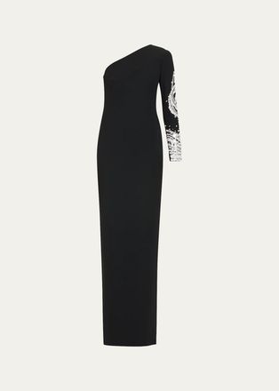 Pamella Roland One-Shoulder Beaded Crepe Column Gown