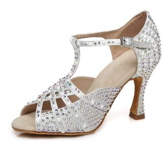 Minitoo Latin Ballroom Shoes for Women Rhinestones Beaded Wedding Formal Party Sandals L431 White 9cm Heel UK 2
