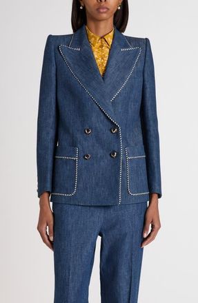 Valentino Garavani Piped Double Breasted Denim Blazer in Navy at Nordstrom, Size 10 Us