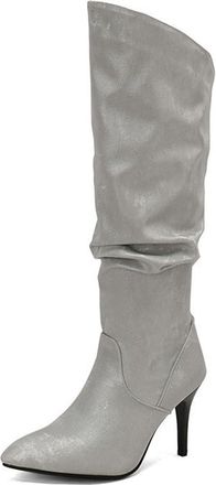 Generic Womens Stiletto High Heel Pumps Pointed Toe Wide Calf Pull On Slouch Knee High Boots Wedding Party Dress Shoes (5.5,Grey)