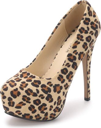 OCHENTA Womens Round Toe Stiletto High Heel Platform Slip On Pumps Suede Leopard Asian Size 46 - UK B(M) 10.5