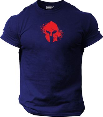 Generic Blood Spartan Helmet T Shirt Gym Clothing Bodybuilding Training Workout Exercise Boxing MMA Top - Red Print (UK, Alpha, 3XL, Regular, Regular, Navy)