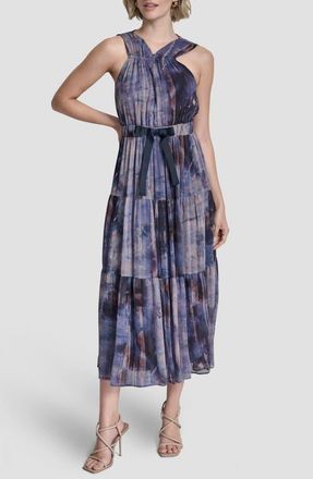DKNY Pleated Tie Waist Chiffon Midi Dress in Hudson Lights at Nordstrom, Size Xx-Small