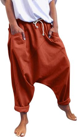 Generic Harem Trousers for Women UK Loose Fit Low Rise Drop Crotch Saggy Baggy Fisherman Trousers Aladdin Style Hippie Casual Boho Beach Yoga Pants Elasticate