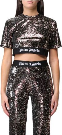 Palm Angels T-Shirts, female, Multicolor, M, Leopard Sequin Crop Top