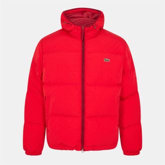 Lacoste Mens Hooded Puffer Jacket with Logo in Red - Size Small