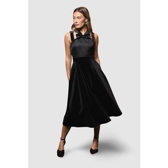Coast Cross Neck Bow Velvet Midi Dress in Black at Nordstrom, Size 6