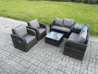 Fimous 6 Seater Rattan Sofa Set Outdoor Garden Furniture Set with Square Coffee Table Loveseat Sofa Reclining Chairs Side Table in Dark Grey