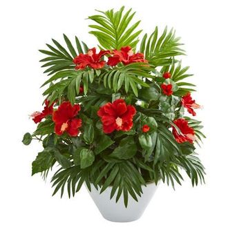 Nearly Natural Hibiscus and Areca Palm Artificial Plant in White Bowl in Red at Nordstrom