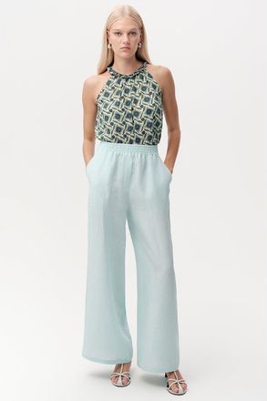 Exquise Elasticated Waist Linen Blend Trousers With Pockets in Blue at Nordstrom, Size X-Small