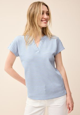 Cecil V-Shirt CECIL, Damen, Gr. L (42), blau (deep pastel blau), Feinstrick, Obermaterial: 42% Baumwolle, 42% Polyester, 14% Viskose, 2% Elasthan, gestreift