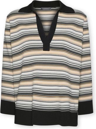 Elena Miro Gestreepte Jersey van Viscosemix - Dames - V-hals truien - Zwart - 2XL - Nylon - Truien & Vesten