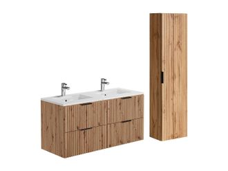 Vente-Unique Mueble de ba&ntilde;o suspendido con lavabo encastrado y armario - Natural claro - 120 cm - ZEVARA