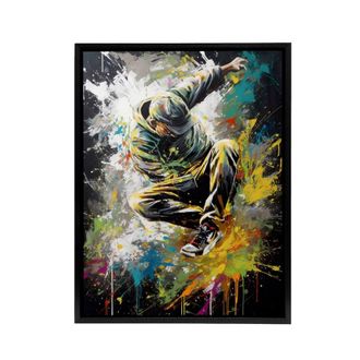 Artery8 Breakdancer B Boy Dancing Paint Splatter Framed Canvas Wall Art Print | Size: W24 x H32